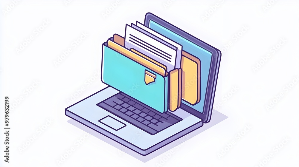 Organized Digital Workspace with Laptop and Folders Organized Digital Workspace with Laptop and Folders