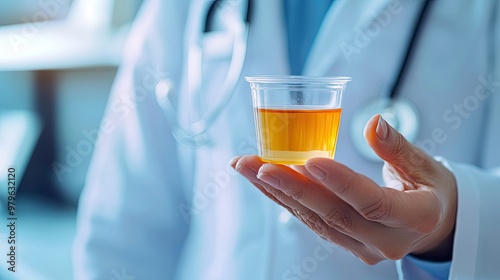 Close-up of a Doctor's Hand Holding a Small Cup of Yellow Liquid