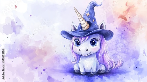 Cute, whimsical baby unicorn, wearing wizard hat in a magical, watercolor background, fantasy art concept photo