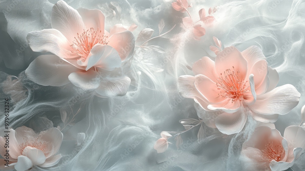 Floral 3D wallpaper with intricate flower details and subtle steam for a dreamy, lifelike effect. No logos or people, focus on the floral elements. Floral 3D wallpaper with intricate flower details and subtle steam for a dreamy, lifelike effect. No logos or people, focus on the floral elements.