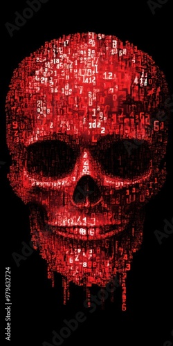 Red digital skull design with abstract falling digits photo