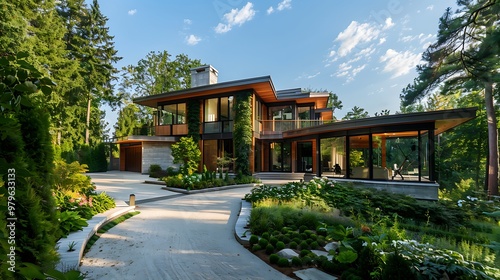 A contemporary pine residence enveloped by greenery