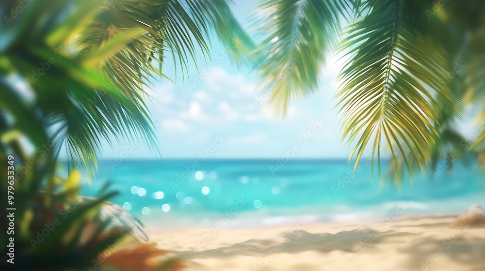 Tropical beach scene with palm trees, sand, and ocean under a sunny sky Tropical beach scene with palm trees, sand, and ocean under a sunny sky