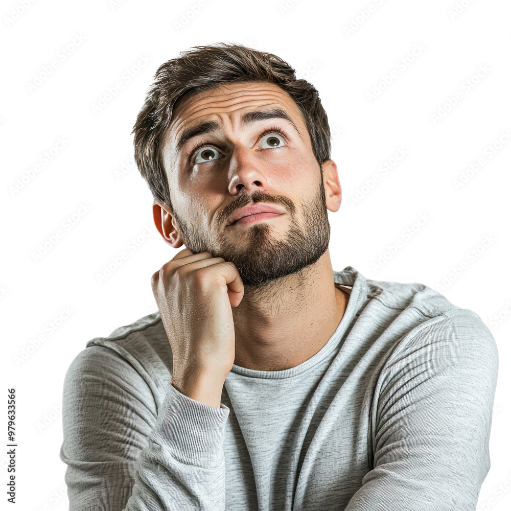 A man holding his chin with one hand, eyes wide, and mouth slightly open, looking interested and inquisitive isolated on transparency background A man holding his chin with one hand, eyes wide, and mouth slightly open, looking interested and inquisitive isolated on transparency background