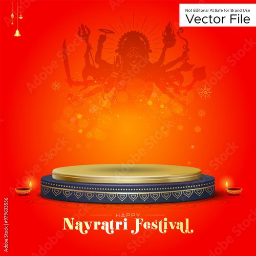 Podium with traditional Navratri, Durga puja background.