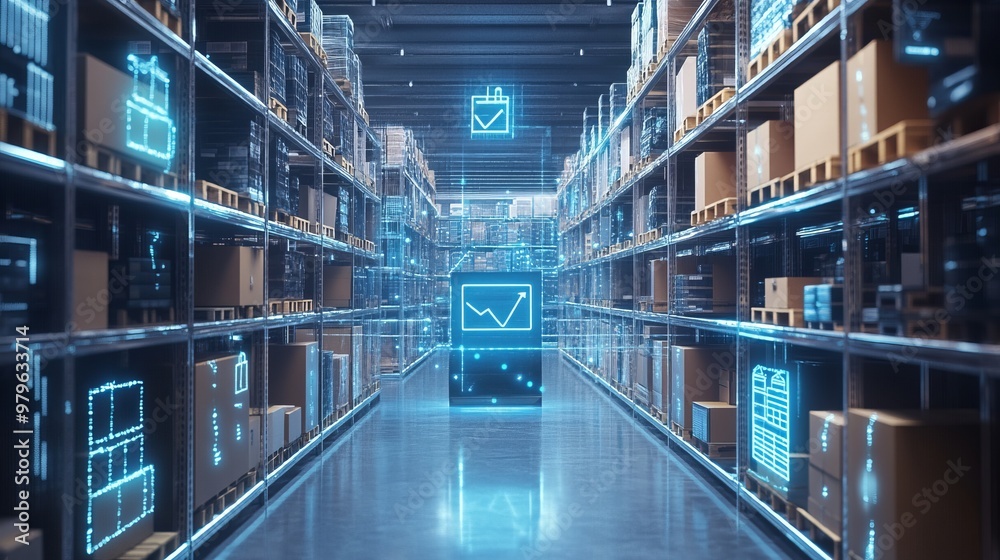 Smart warehouse management system identify package picking and delivery . Future concept of supply chain and logistic business Smart warehouse management system identify package picking and delivery . Future concept of supply chain and logistic business