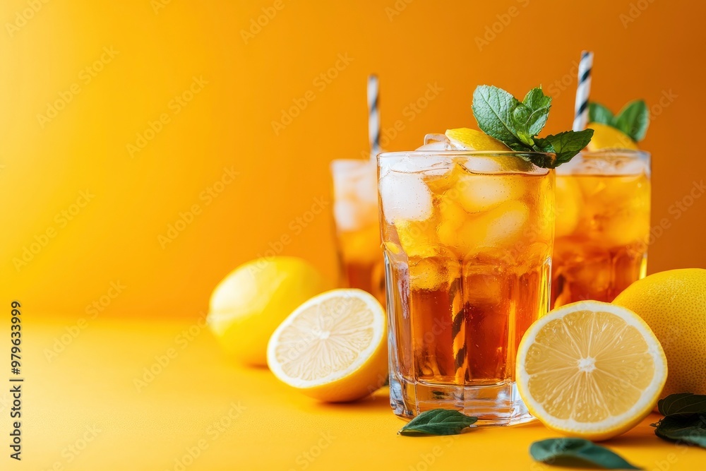 Fototapeta premium Fresh Lemon Iced Tea, copy-space with generative ai