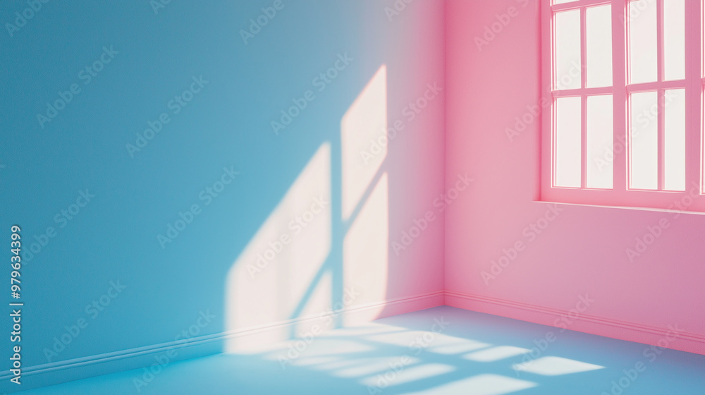 Sunlight casting geometric shadows in empty room with pink and blue walls