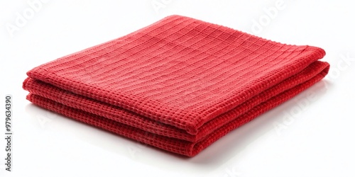 Soft, absorbent red kitchen towel made from natural fabric lies isolated on a crisp white background, awaiting use for drying dishes or wiping up spills.