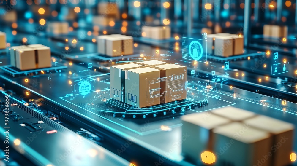 Smart warehouse management system identify package picking and delivery . Future concept of supply chain and logistic business
