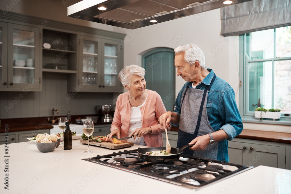 Help, senior couple and cooking in kitchen, love and nutrition with healthy meal, talking and food. House, pensioner and old man with elderly woman, recipe and romance with hobby and prepare lunch Help, senior couple and cooking in kitchen, love and nutrition with healthy meal, talking and food. House, pensioner and old man with elderly woman, recipe and romance with hobby and prepare lunch