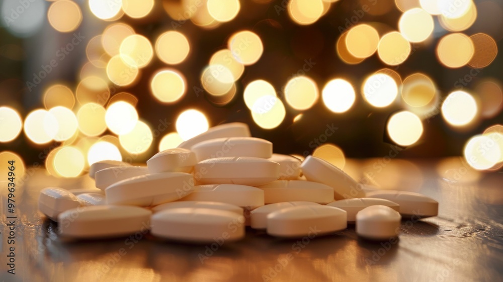Pills scattered on a wooden surface with blurred bokeh lights in the background, creating a warm and festive atmosphere, ideal for health or wellness themes