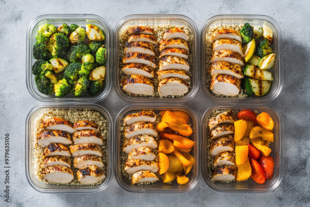 Meal prep containers with quinoa, grilled chicken and vegetables, balanced diet concept Meal prep containers with quinoa, grilled chicken and vegetables, balanced diet concept