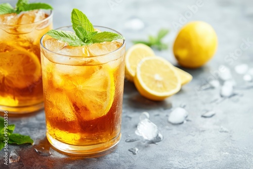 Fresh Lemon Iced Tea, copy-space with generative ai