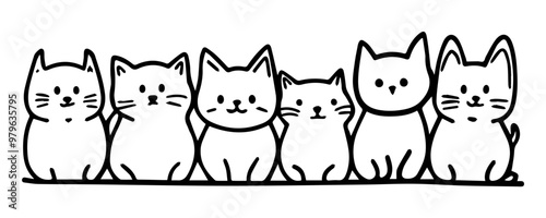 a row of cats outline illustration. black and white cats art.