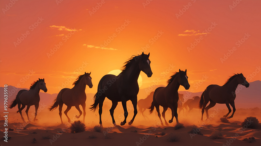 A wide-angle shot of wild horses silhouetted against the fiery colors of a desert sunset A wide-angle shot of wild horses silhouetted against the fiery colors of a desert sunset