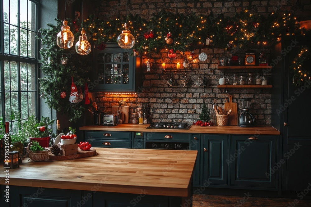 Cozy modern kitchen interior, with kitchen island beautifully decorated for Christmas holidays Cozy modern kitchen interior, with kitchen island beautifully decorated for Christmas holidays