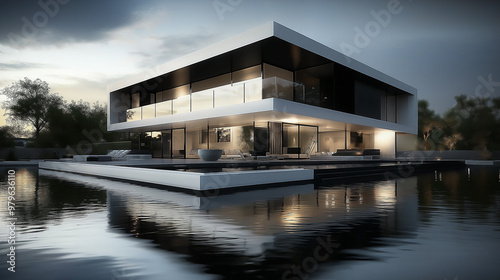 Modern minimalist cube shaped house overlooking reflecting pool at dusk