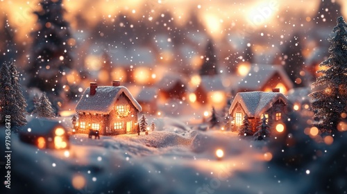 Christmas decorations of glowing Gingerbread houses on a blurred winter holiday background with snow and bokeh lights