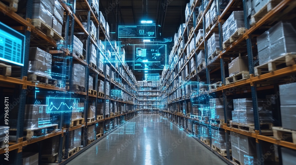 Smart warehouse management system identify package picking and delivery . Future concept of supply chain and logistic business Smart warehouse management system identify package picking and delivery . Future concept of supply chain and logistic business
