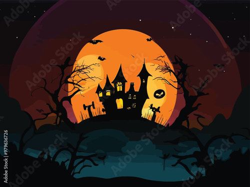 Halloween best hunted house graphic with  mid night forest horror illustration