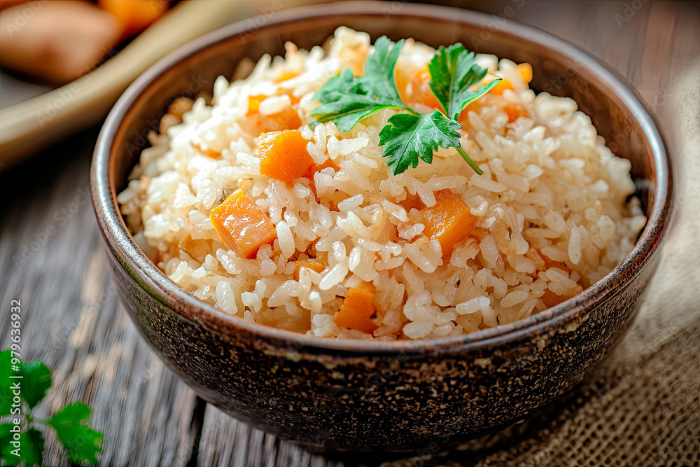 Japanese mixed rice with sweet potato in bowl on wooden table Japanese mixed rice with sweet potato in bowl on wooden table