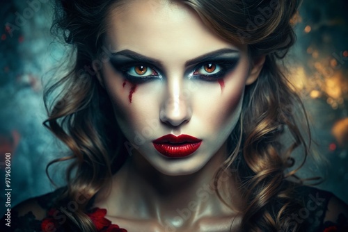 Spooky yet stunning, a youthful beauty flaunts eerie eye makeup, bold blood-red lips, and a mischievous grin in a hauntingly lit, atmospheric portrait setting.