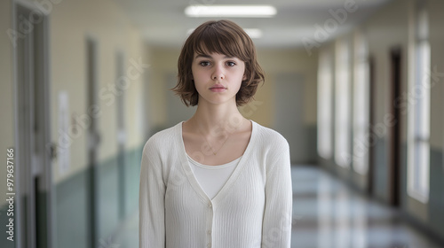 Serious young woman standing in a long corridor Free Download Serious young woman standing in a long corridor - GFXLoad