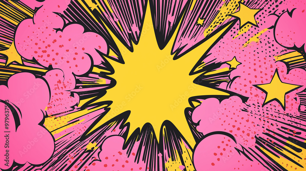 Fototapeta premium Yellow comic book explosion with pink clouds and stars background