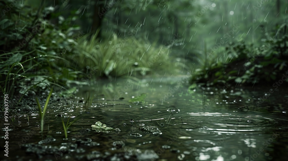 Rain falling on a small stream in a lush green forest. Rain falling on a small stream in a lush green forest.