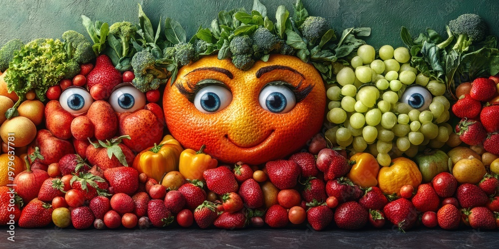 A whimsical cityscape where animated fruits with expressive eyes create vibrant, memorable moments