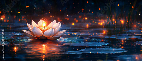 Illustration of a diya lamp floating on a lotus flower in a tranquil pond surrounded cosmoc glowing in the night photo