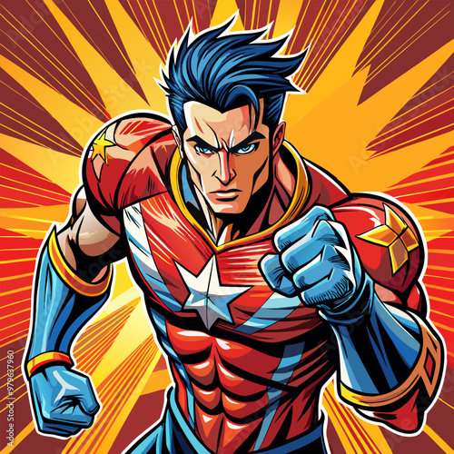  comic book style super hero punching with male superhero costume poster design