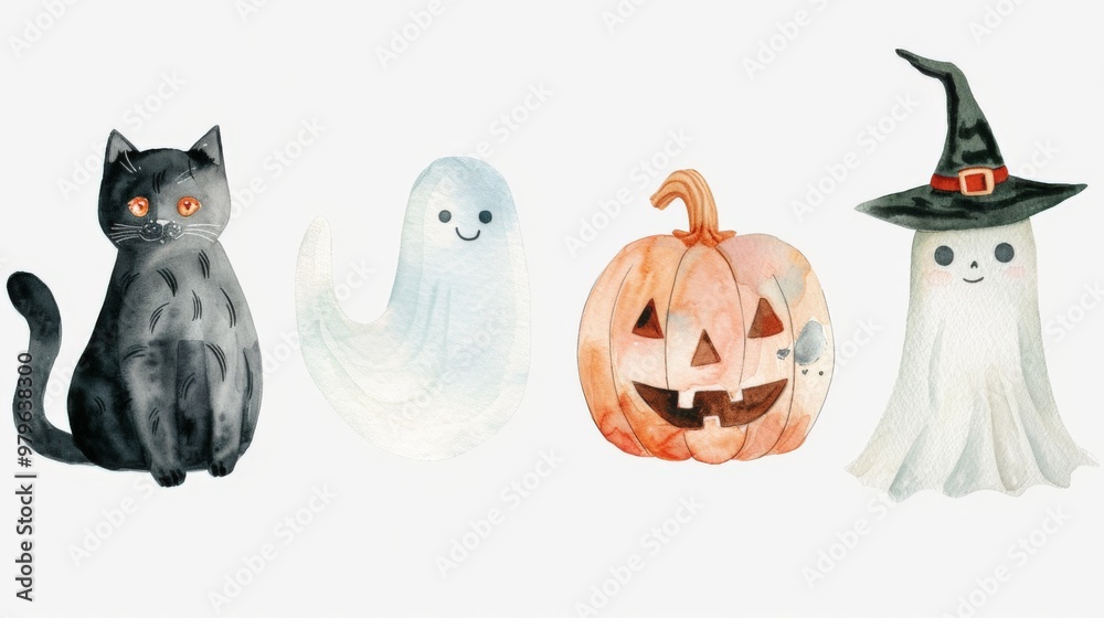 Cute Halloween Cat, Ghost, and Pumpkin Illustration Cute Halloween Cat, Ghost, and Pumpkin Illustration