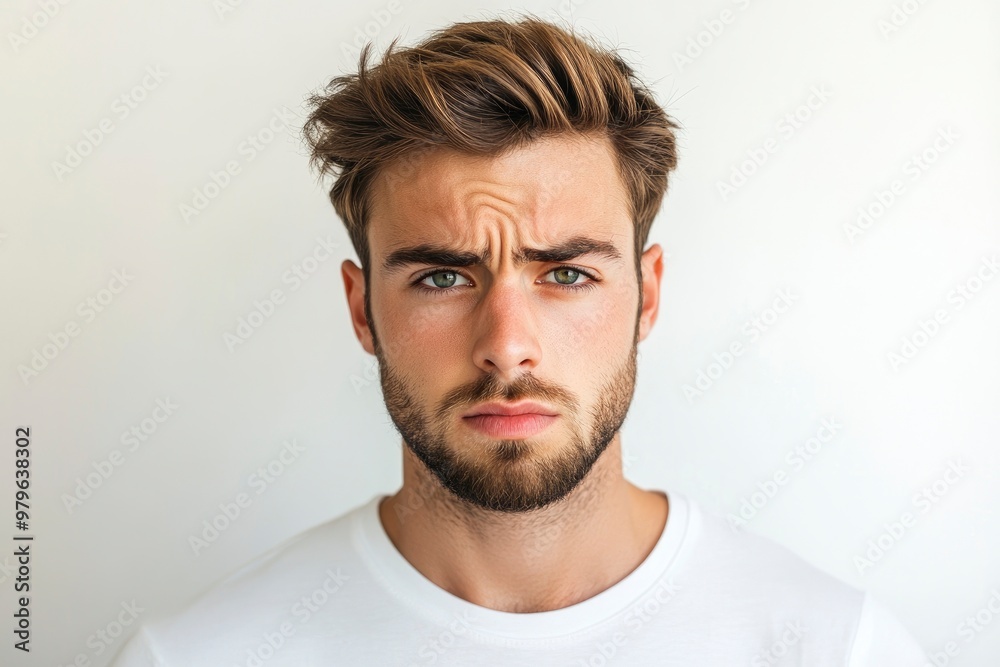 Frustrated young man looking at camera isolated over white background. Studio portrait of male face. A young handsome caucasian man poses for the camera with generative ai