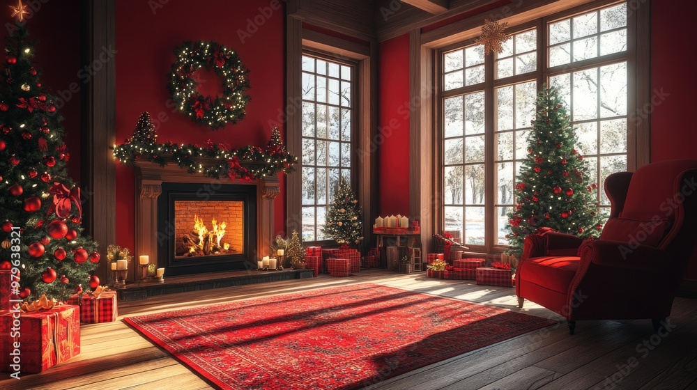 Obraz premium Cozy living room decorated for winter holidays Christmas tree with fireplace and decorations