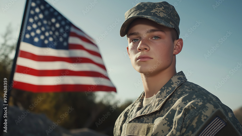 Young american soldier standing in front of us flag Young american soldier standing in front of us flag