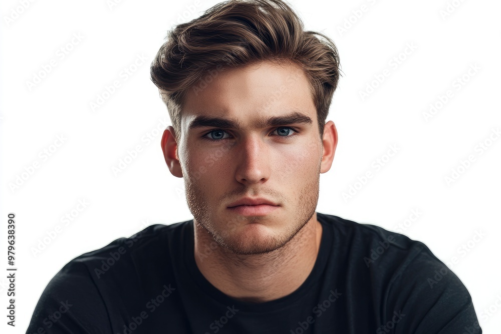 Frustrated young man looking at camera isolated over white background. Studio portrait of male face. A young handsome caucasian man poses for the camera with generative ai Frustrated young man looking at camera isolated over white background. Studio portrait of male face. A young handsome caucasian man poses for the camera with generative ai