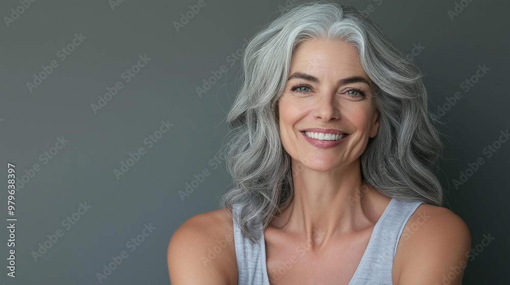 Beautiful smiling mature woman with grey hair posing on grey background Beautiful smiling mature woman with grey hair posing on grey background