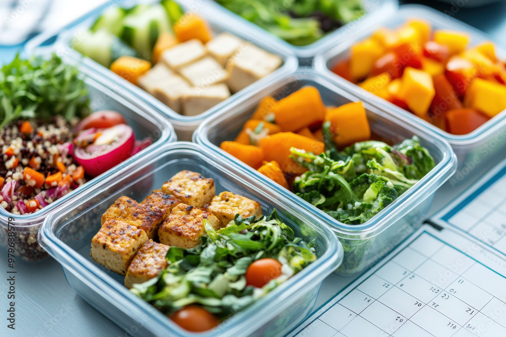 Several meal prep containers filled with healthy food are sitting on a table next to a diet plan Several meal prep containers filled with healthy food are sitting on a table next to a diet plan