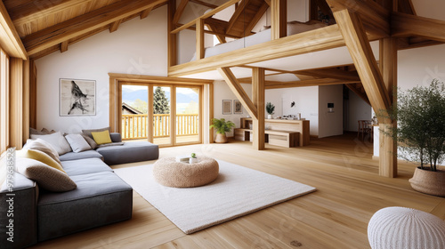 Modern living room with wooden beams and an open loft design. Features include a large gray sectional sofa with pillows, a woven round ottoman, a light area rug