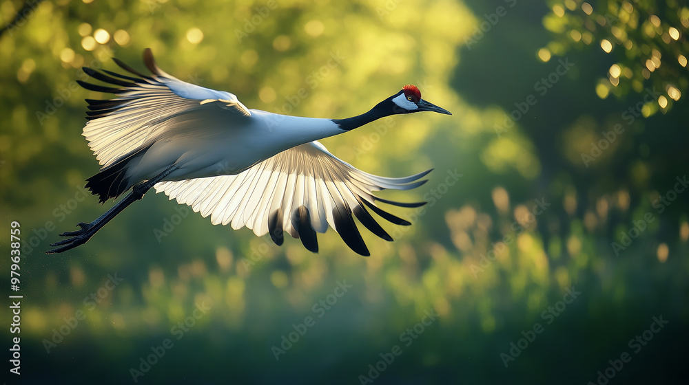 Obraz premium Red-crowned crane flying with open wings in nature