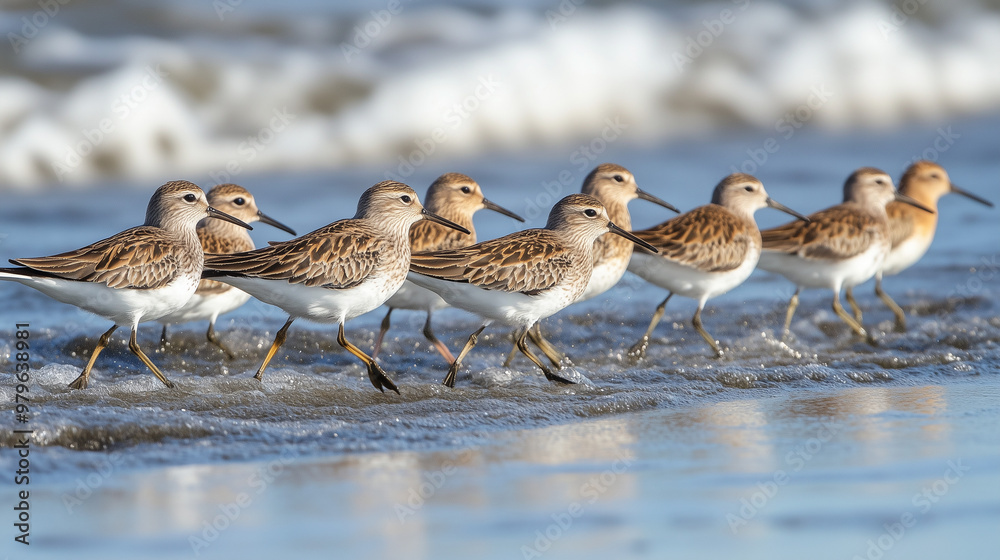 A group of small birds runs along the shoreline in the water, leaving footprints in the sand, with ocean waves in the background A group of small birds runs along the shoreline in the water, leaving footprints in the sand, with ocean waves in the background