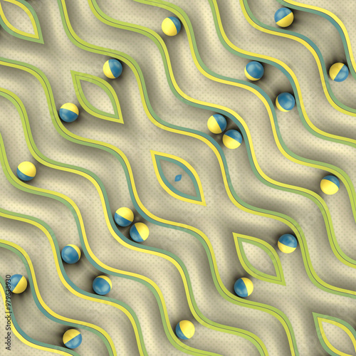 Symmetrical composition with two-tone colored balls on a winding path. 3d rendering illustration