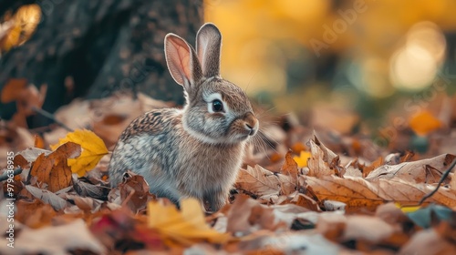 hare in the autumn forest. Selective focus photo