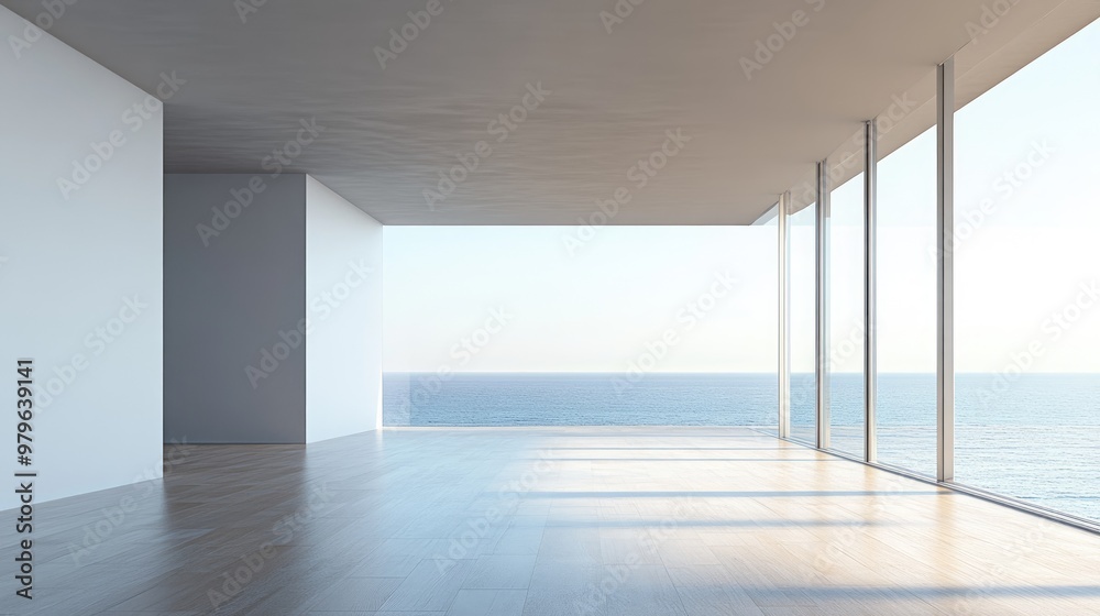 Minimalist interior of an empty room featuring large panoramic windows a balcony with a sea view wooden parquet flooring and contemporary architectural design rendered in 3D Minimalist interior of an empty room featuring large panoramic windows a balcony with a sea view wooden parquet flooring and contemporary architectural design rendered in 3D