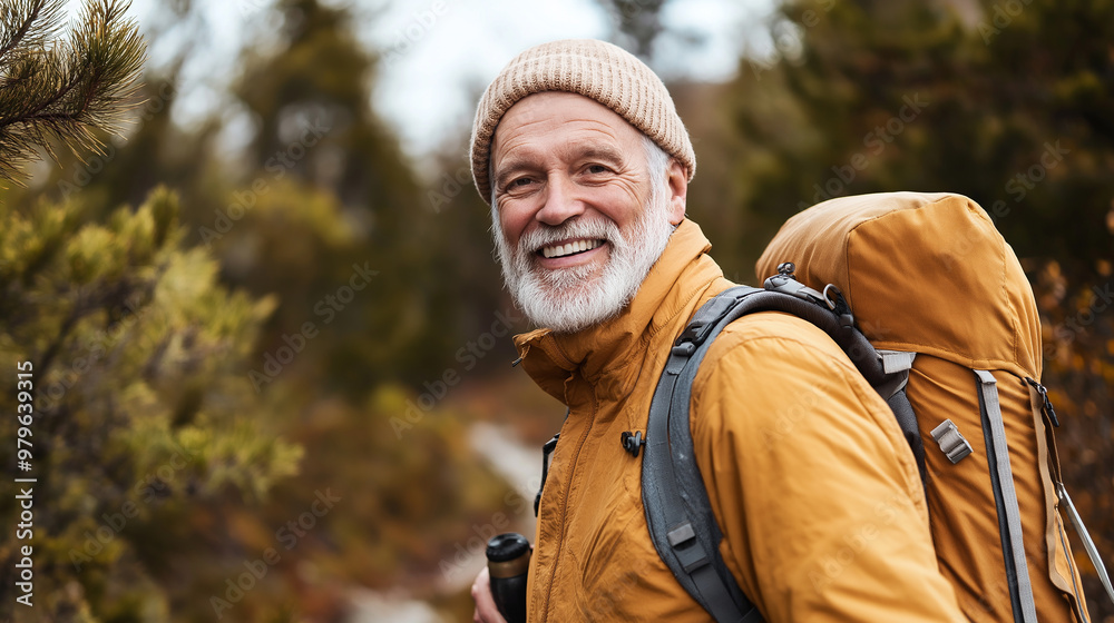 Senior man hiking smiling at camera in the forest Senior man hiking smiling at camera in the forest