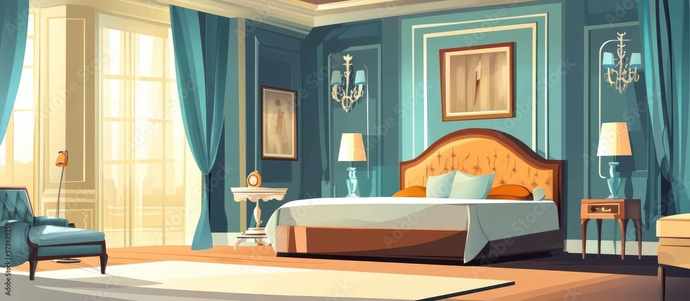 Elegant luxury bedroom design featuring furnishings lighting and air conditioning Flat style illustration Elegant luxury bedroom design featuring furnishings lighting and air conditioning Flat style illustration
