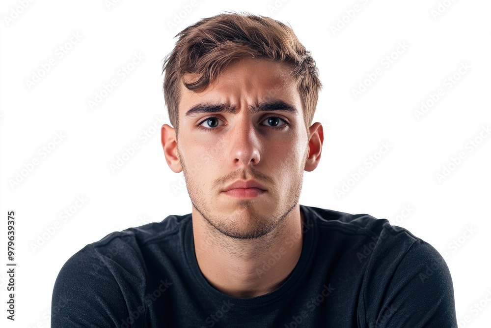 Frustrated young man looking at camera isolated over white background. Studio portrait of male face. A young handsome caucasian man poses for the camera with generative ai Frustrated young man looking at camera isolated over white background. Studio portrait of male face. A young handsome caucasian man poses for the camera with generative ai