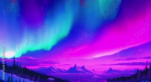 Aurora Lights Glowing in the night sky of northern pole	
4K Anime Style